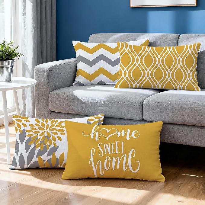 Hexagram Geometric Yellow Pillow Covers 12x20 Set of 4, Decorative Outdoor Boho Modern Throw Pillow Covers, Home Sweet Home Farmhouse Cushion Case for Couch Sofa Bedroom Indoor Decor(No Insert)
