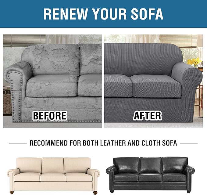 H.VERSAILTEX 4 Piece Stretch Sofa Covers for 3 Cushion Couch Covers for Living Room Furniture Slipcovers (Base Cover Plus 3 Seat Cushion Covers) Upgraded Thicker Jacquard Fabric (XL Sofa, Grey)