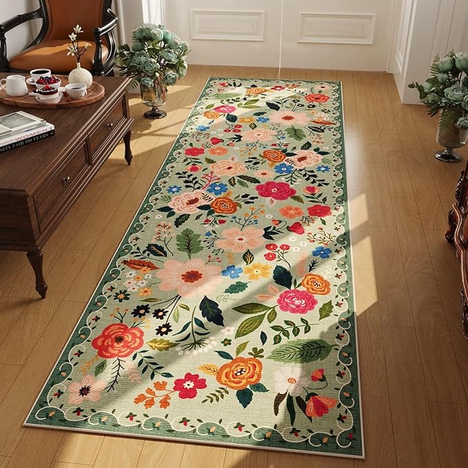 Rugcomf 2x5 Rug Runner - Floral Machine Washable Kitchen Rug, Non-Slip Low Pile Boho Carpet for Hallways, Laundry, Entryway, Bedroom, Bathroom - Green
