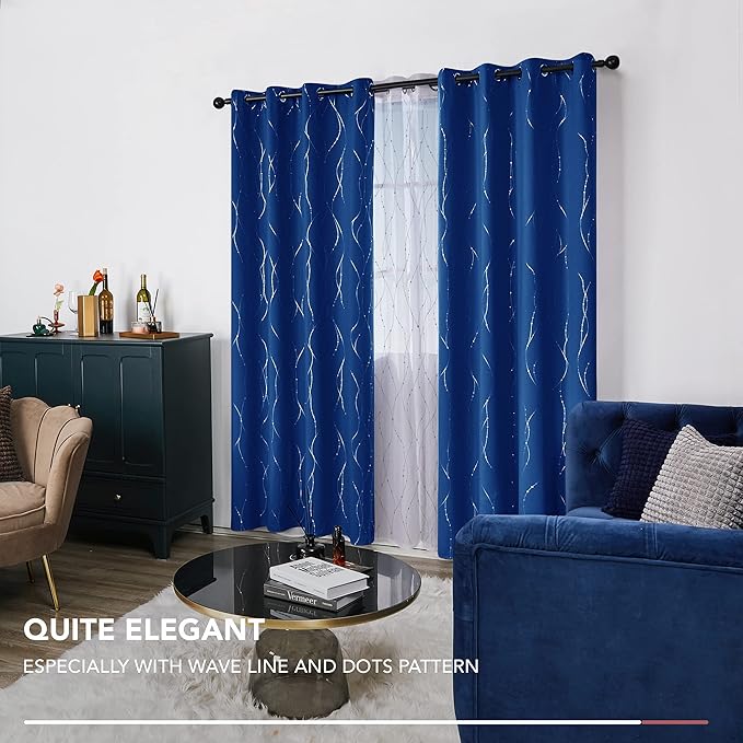 Deconovo Blackout Curtains, 52 x 108 Inch Drape for Sliding Door with Wave Dot Silver Print, Soundproof Thermal Insulated Window Curtain for Bedroom Living Room, Set of 2, Machine Washable, Royal Blue