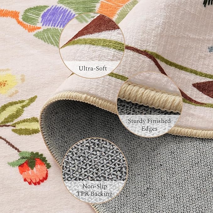 Rugflix 2x6 Runner Rug for Hallway, Washable Kitchen Runner Non Slip, Soft Low Pile Entryway Carpet, Vintage Floral Stain Resistant Long Laundry Room Rugs for Bedroom, Stairs, Beige
