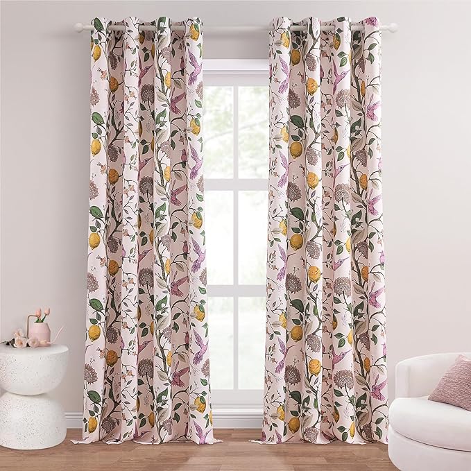 Topfinel Floral Curtains 84 Inch Length 2 Panels Set Pink Spring French Country Coquette Flower Hummingbird Blush Pink Blackout Curtains Preppy Nursery Girls Bedroom Aesthetic Living Dining Room