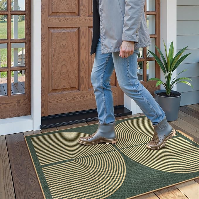 Lahome Enfys Modern Rainbow Easy Jute Entry Rug, 3x5 Washable Outdoor Patio Porch Rug, Farmhouse Non Slip Non Shedding Dark Green Carpet for Dorm Living Room Deck Front Door Kitchen