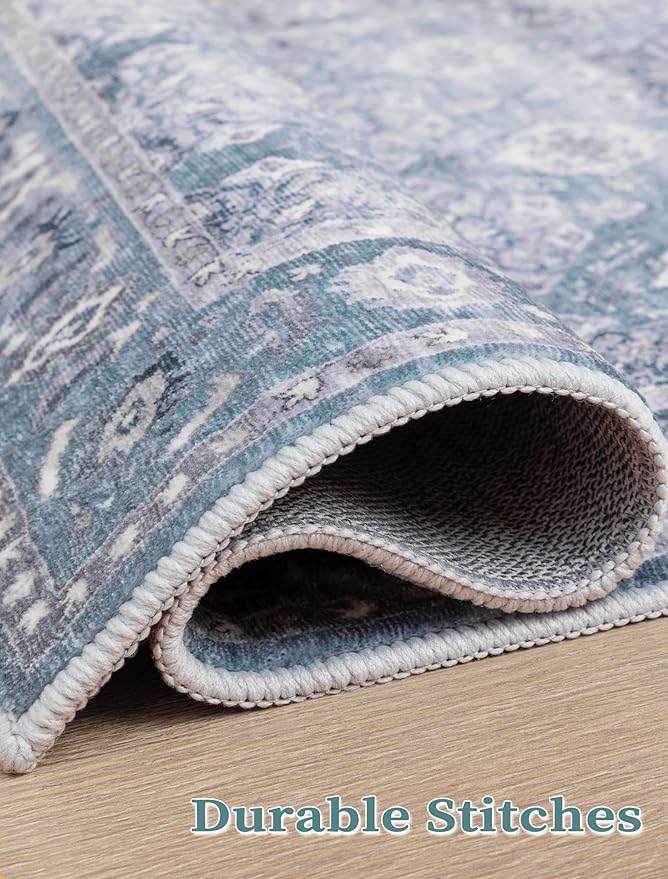 SERISSA Boho Washable Runner Rug, 2x5 Rug Non-Slip Vintage Floral Hallway Kitchen Runner Rug Ultra Soft Print Distressed Blue Grey Floor Carpet for Bedroom Bathroom Laundry Room