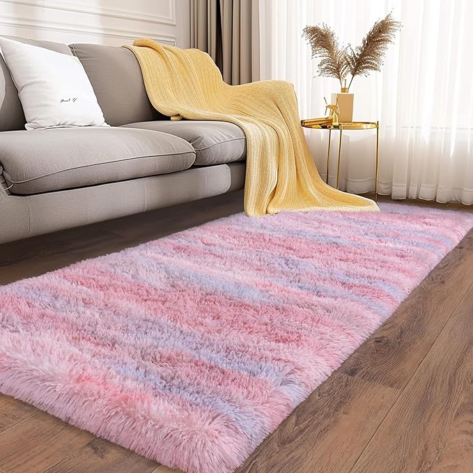 Soft Runner Rugs for Bedroom Hallways, 2x6 Abstract Pink Fluffy Shag Throw Area Rug Non Slip for Bedside Dorm, Long Shaggy Furry Carpet for Nursery Living Room