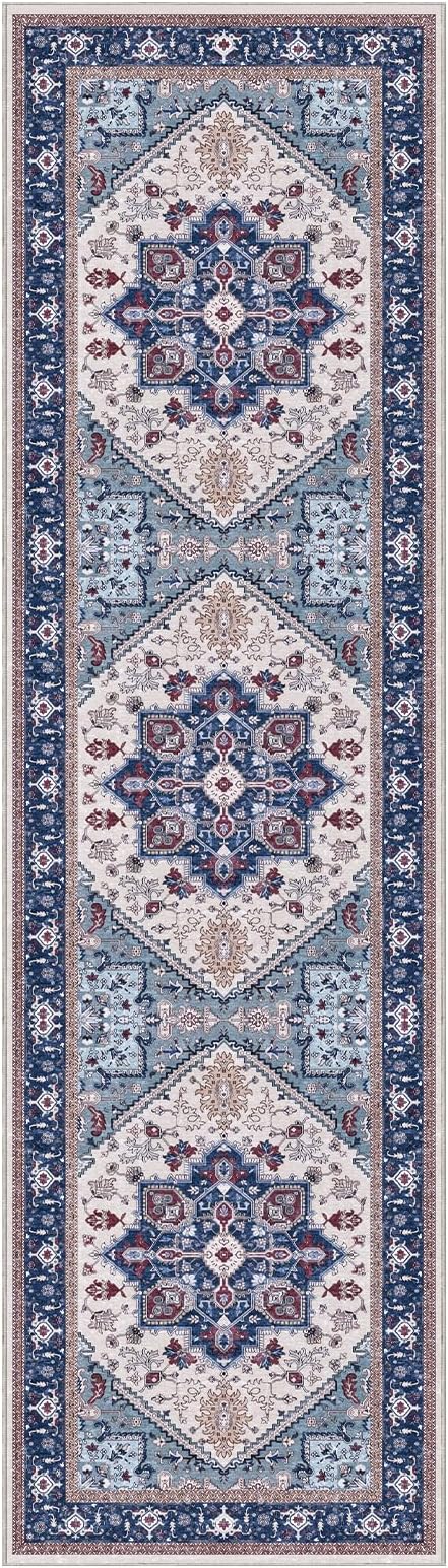 OPPODREAM Soft Entryway Rug 2x8, 2x8 Rug Runner, Washable Hallways Carpet 2 x 8 with Non Slip Backing, Low-Pile Bedside Carpet 2 x 8, Long, Faux Cashmere, Navy Blue & Red & Cream