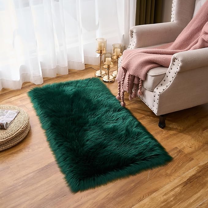 EasyJoy Ultra Soft Fluffy Shaggy Area Rug Faux Fur Rug Chair Cover Seat Pad Fuzzy Area Rug for Bedroom Floor Sofa Living Room (2 x 4 ft Rectangle, Dark Green)
