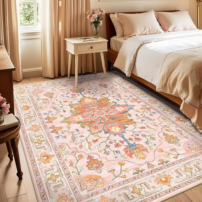 RELEANY Area Rugs 6'x9' Washable Non-Slip, Floral Vintage Distress Print Pattern Medallion Carpet for Living Room Bedroom Dining Room, Light Pink Colorful