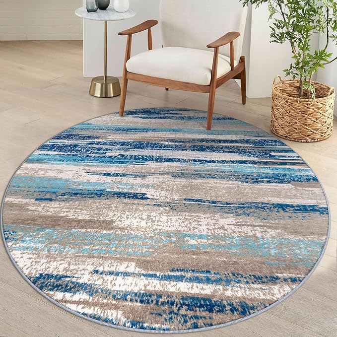 Lansny Modern Abstract Round Rug 5Ft, Blue Round Rug Washable Non-Slip Soft Small Circle Rug, Circular Dining Room Rugs Thin Print Faux Wool Carpet for Bedroom Living Room Office Playroom