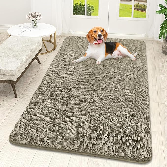 OLANLY Dog Door Mat for Muddy Paws 59x32, Absorbs Moisture and Dirt, Absorbent Non-Slip Washable Doormat, Quick Dry Chenille Mud Mat, Entry Indoor Entryway Carpet for Inside Floor, Warm Taupe