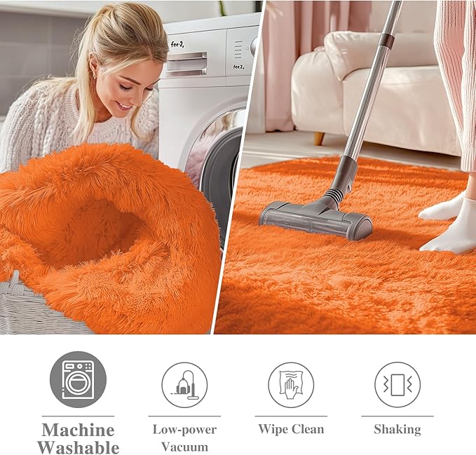 OLANLY Orange Round Rugs for Bedroom - Machine Washable, 6 ft Circle Area Rugs for Living Room, Soft and Fluffy Shaggy Carpet for Teen Girl and Boys, Nursery Rooms, Dorms, Home Decor Aesthetic