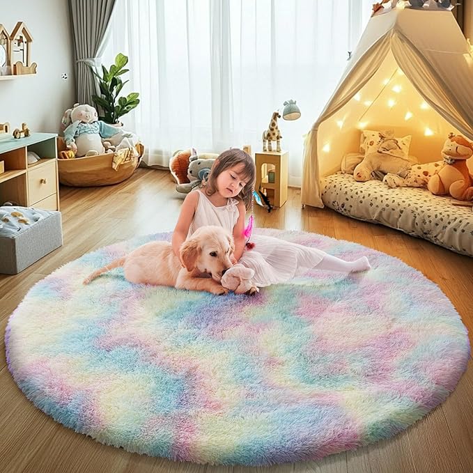 yulidayang Rainbow Fluffy Round Area Rugs for Bedroom,3Ft Shag Circle Area Rugs for Girls Room,Non Slip Fuzzy Plush Rug for Kids Room Living Room and Dorm Home Decor Rug