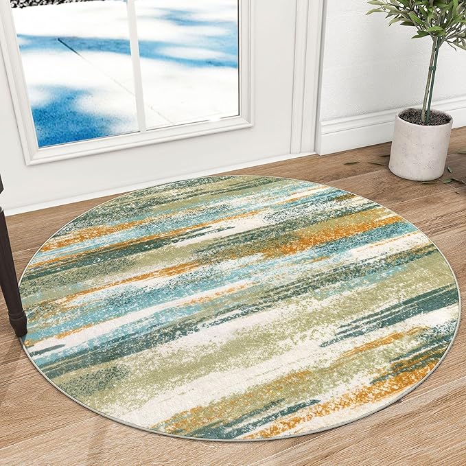 Lansny Modern Abstract Round Rug 3Ft, Green Mustard Multi Round Rug Washable Non-Slip Soft Small Circle Rug, Circular Entryway Rug Thin Print Faux Wool Carpet for Bedroom Living Room Office