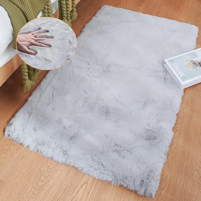 ORINOVA Light Gray Faux Fuzzy Fur Washable Rugs for Bedroom Shaggy Area Rugs for Living Room Grey 2x3 Nursery Rug Home Room Décor