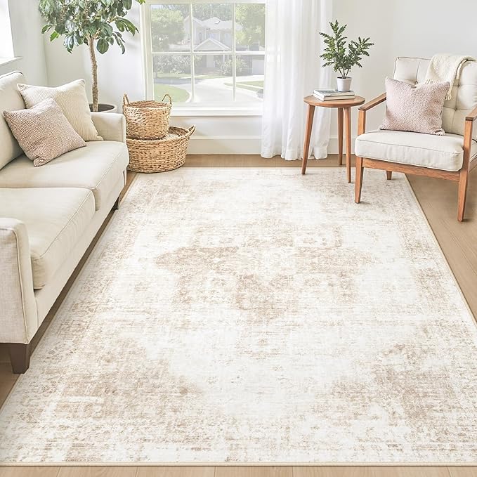 Area Rug 4x6 Washable Rug, Vintage Boho Medallion Rugs Non-Slip Soft Low Pile Distressed Rug Indoor Retro Carpet for Living Room Bedroom Dining Room Home Office (Beige, 4'x6')