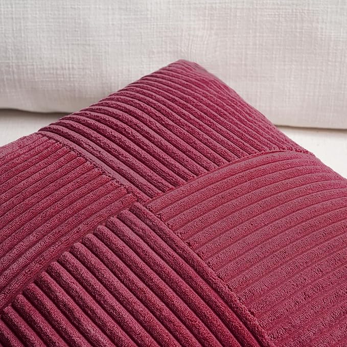 Fancy Homi 2 Packs Burgundy Samll Decorative Throw Pillow Covers 14x14 Inch with for Couch Bed Sofa, Rustic Farmhouse Boho Home Decor, Soft Corss Patchwork Corduroy Square Cushion Case 35x35 cm