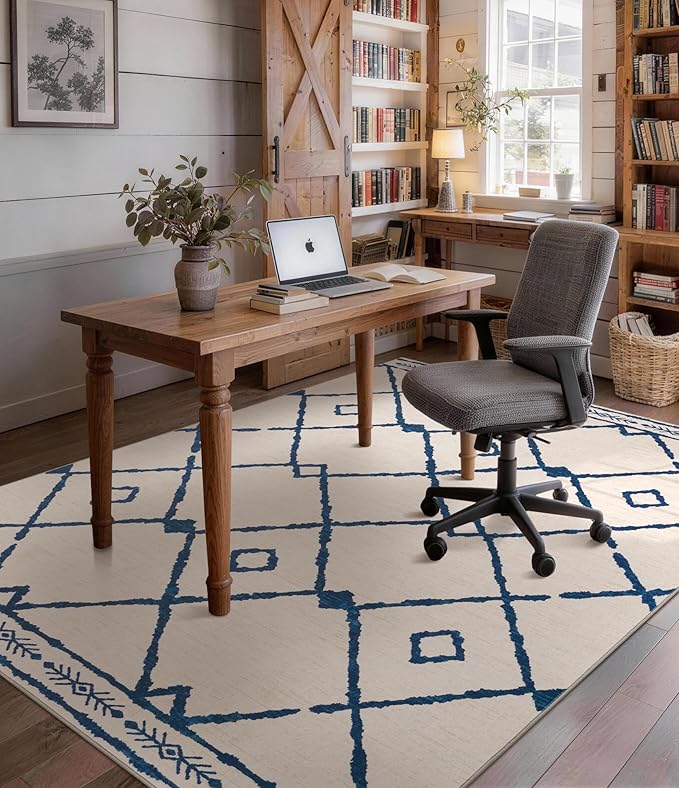 YIHOUSE Boho 5x7 Area Rugs for Living Room, Western Beige and Blue Rug, Moroccan Geometric Soft Low-Pile Washable Rugs for Bedroom, Dining Room