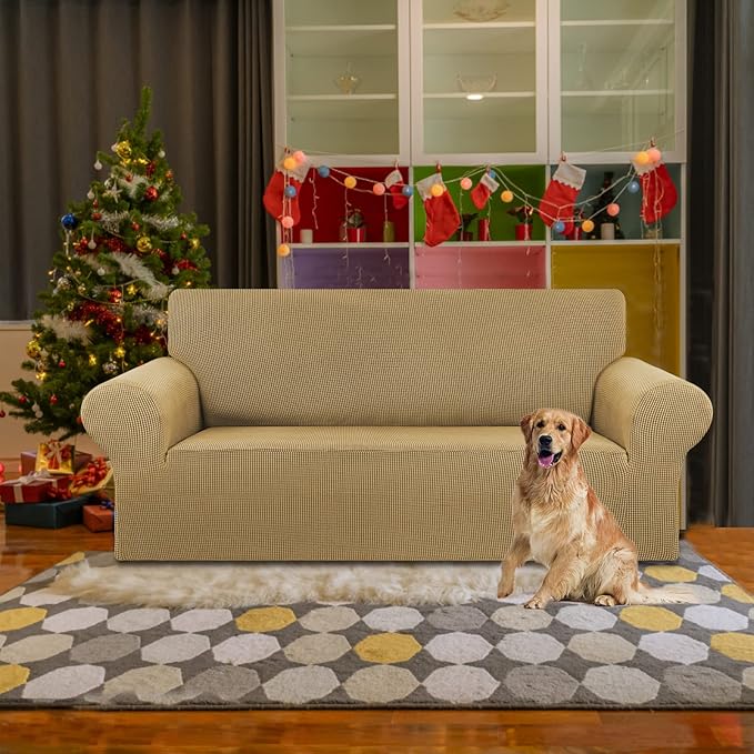 KEKUOU Stretch Loveseat Sofa Cover Slipcover,Couch Covers for 2 Cushion Couch Sofa (55"-78") Furniture Protector Sofa with Elastic Bottom for Kids,Dog. Jacquard Small Checked (Medium,Tan)