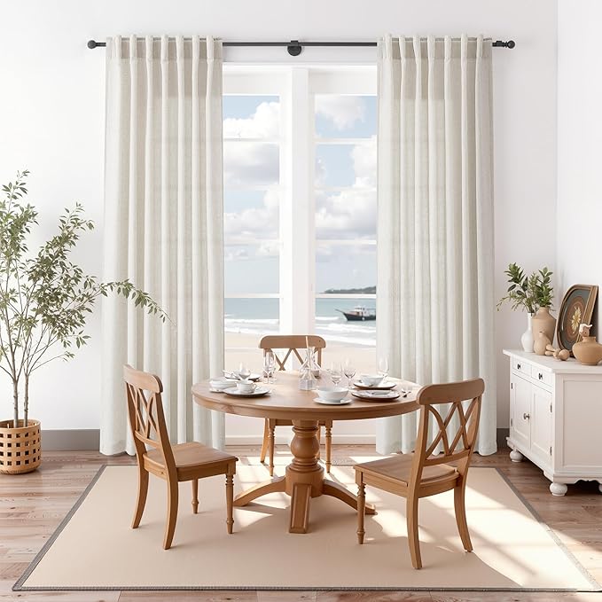 Nanspring Pearl White Linen Curtains for Living Room 72 Inches Long Luxury Light Filtering Semi Sheer Curtain Back Tab Coastal Decor Neutral Elegant Gray Drapes for Bedroom Office 52x72, 2 Panels