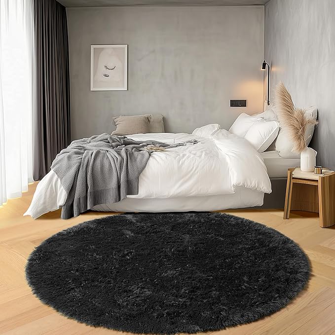 ONASAR Black Round Rugs 8ft for Living Room, Fluffy Bedroom Circle Area Rug, Soft Plush Fuzzy Shaggy Carpet Mat for Kids Girls Boys Teen Nursery Dorm Classroom Home Office Decor Aesthetic