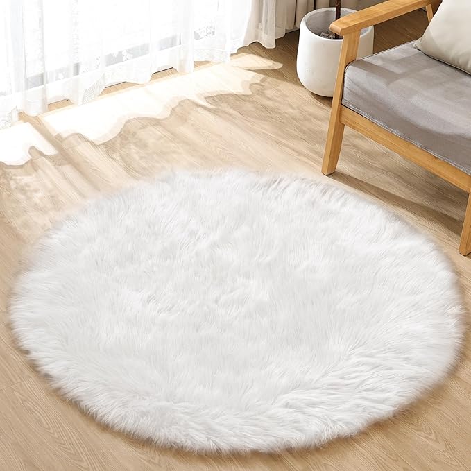 ORINOVA White Small Circle Fluffy Rugs for Bedroom Washable Faux Sheepskin Shaggy Fur Area Rugs for Living Room Round Rug 4ft Nursery Rug