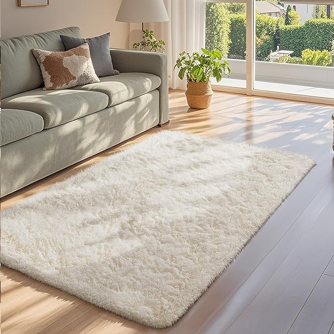 Ophanie 3x5 Rug, Bedside Preppy Dorm Area Rug, College Essentials Non Slip Ivory Small Carpets for Bedroom, Anti Slip Fluffy Living Room Rugs Home Decor Aesthetic, Nursery