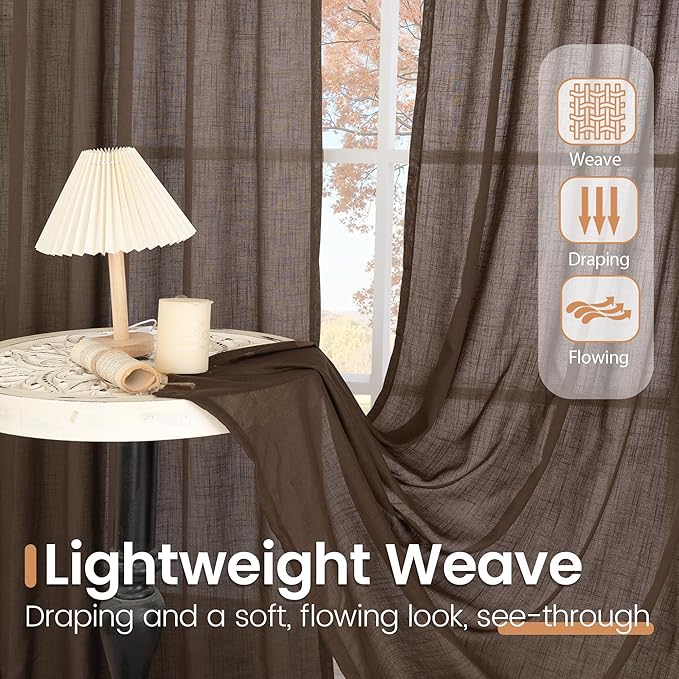Panels for Small Windows, Brown Linen Blend Light Filtering Curtains, Set of 2