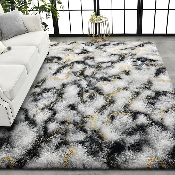 TWINNIS Super Soft Shaggy Rugs Fluffy Carpets, 4x5.9 Feet, Indoor Modern Plush Area Rugs for Living Room Bedroom Kids Room Nursery Home Decor, Upgrade Anti-Skid Rectangular Fuzzy Rug, Grey Gold