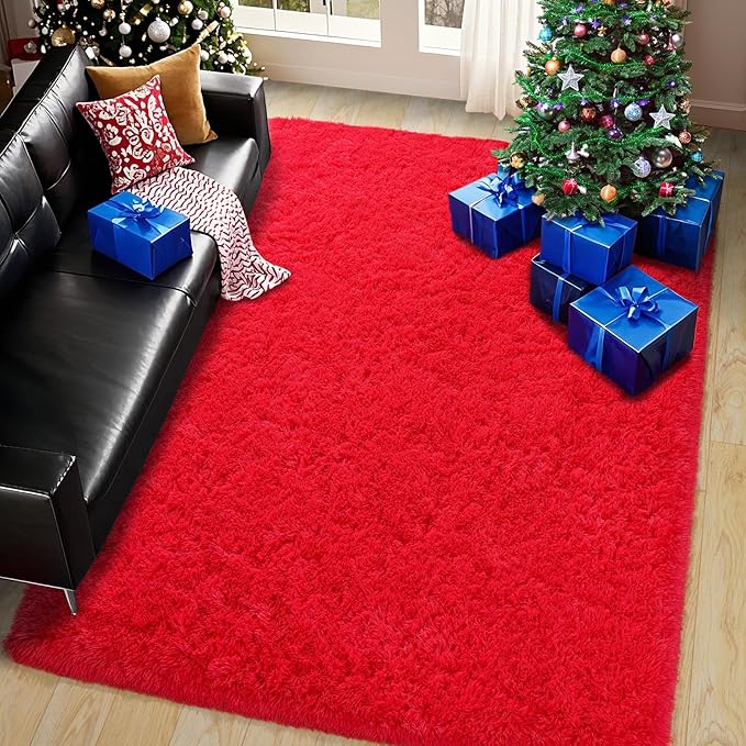 Pionblank Fluffy Area Rug for Bedroom 4x6 Feet, Shag Soft Rug for Living Room, Indoor Comfy Cute Plush Bedside Carpet for Girls Boys Room Teens Dorm Nursery Decor, Red