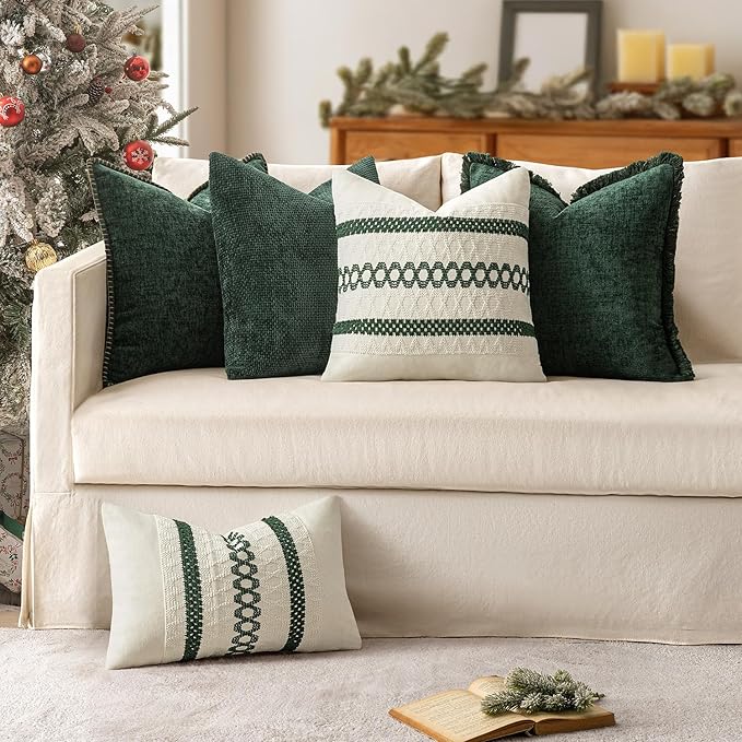 MIULEE Set of 2 Dark Green Boho Christmas Decorative Lumbar Pillow Covers 12x20 Inch Farmhouse Rustic Couch Throw Pillows Modern Cotton Cushion Cover Retro Macrame Woven Home Decor for Bed Sofa Chair