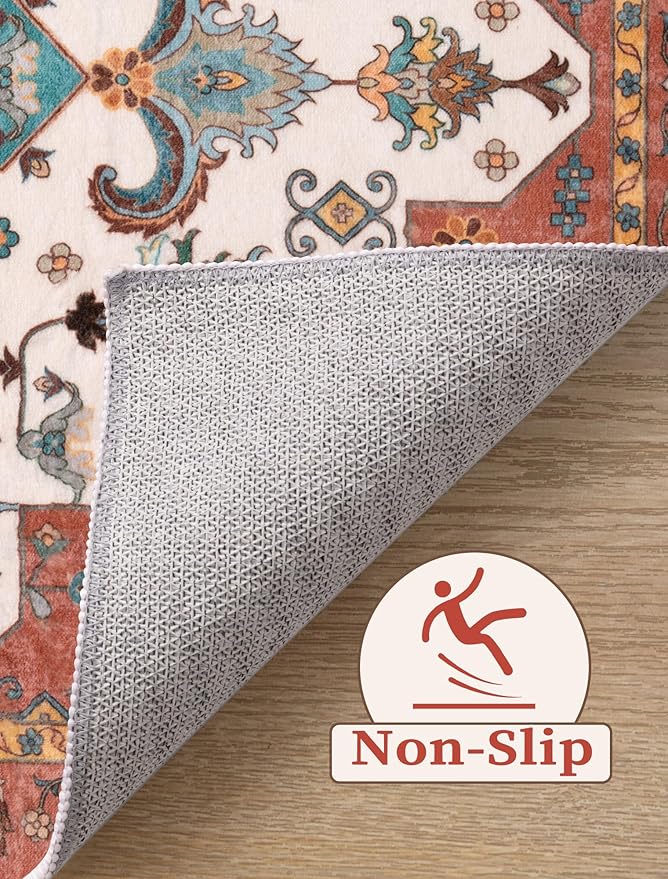SERISSA Boho Washable Runner Rug, 2x6 Rug Non-Slip Vintage Orange Hallway Kitchen Runner Rug Ultra Soft Print Distressed Floor Carpet for Bedroom Bathroom Laundry Living Room