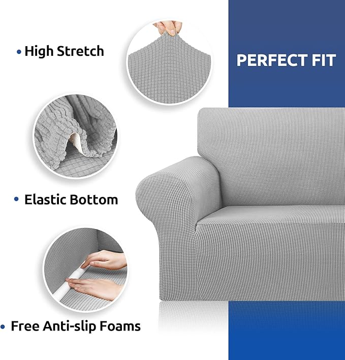 KEKUOU Stretch Sofa Cover Slipcover ，Couch Covers for 3 Cushion Couch Sofa pet Friendly (78"-94") Furniture Protector Sofa with Elastic Bottom for Kids,Dog, Jacquard Small Checked(Large,Silver)