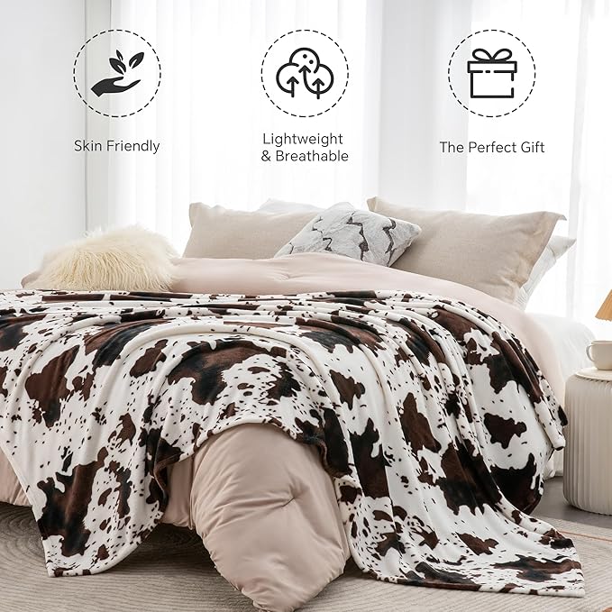 BEDELITE Cow Print Throw Blanket Twin Size for Couch & Bed, 300GSM Cute Plush Cozy Fuzzy Blanket 60x80 inches, Super Soft Warm Lightweight Throw Blanket for Travel Camping, Brown