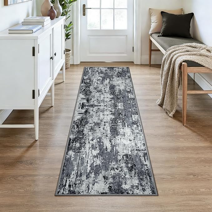 Washable Area Rugs 2x7 Non-Slip Modern Abstract Soft for Living Room Entryway Bedroom Nursery, Print Pattern, Black Navy Blue Gray