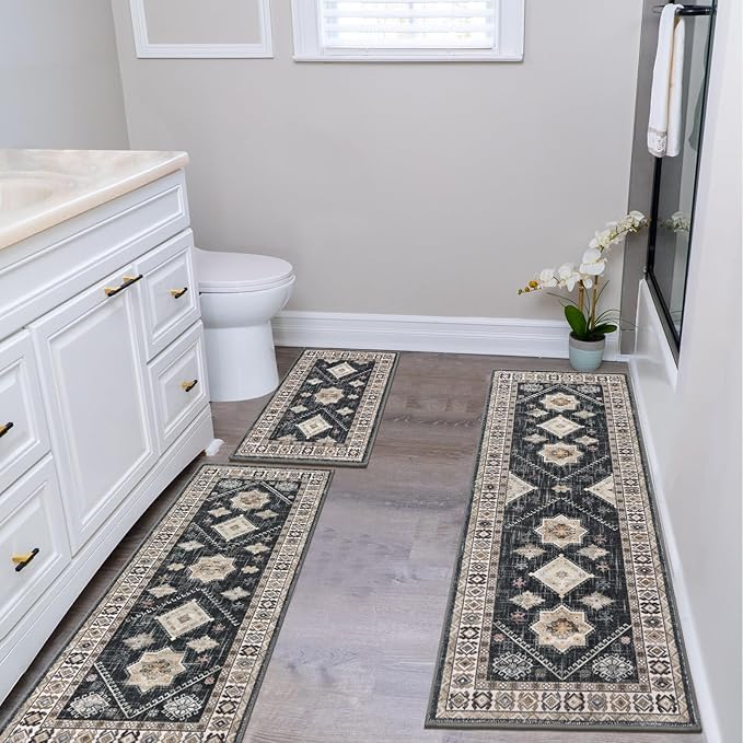 HEBE Boho Kitchen Rug Sets 3 Piece with Runner Non Slip Kitchen Rugs and Mats Washable Kitchen Mats for Floor Thick Kitchen Floor Mat Carpet Runner Rugs for Hallway Laundry Holiday Decor