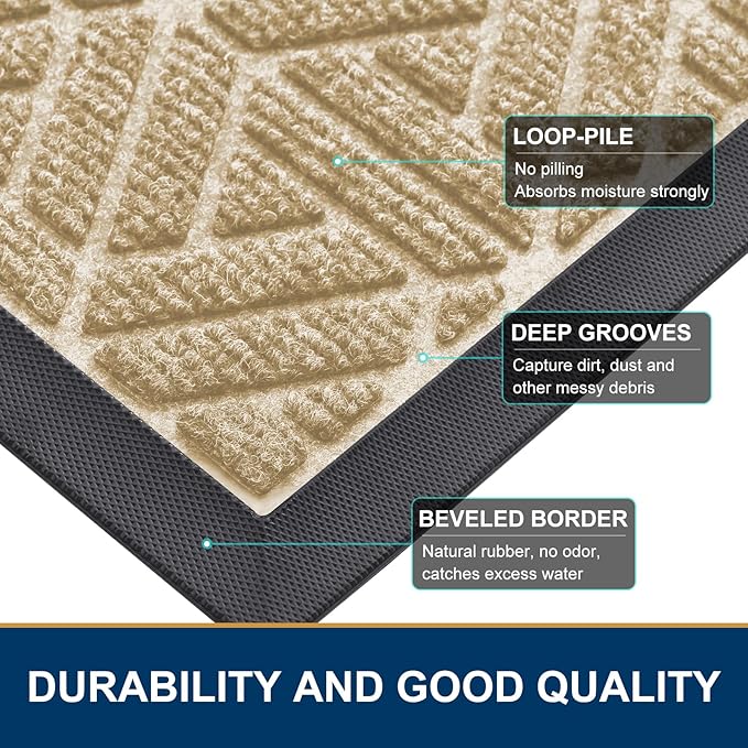 Smiry Front Door Mat Outside Entrance, Heavy Duty Sturdy Natural Rubber Doormat, Trap Dirt and Moisture, Easy Clean Low Profile Mats for Indoor Outdoor Entry, Grid Geometric (71x23, Beige)