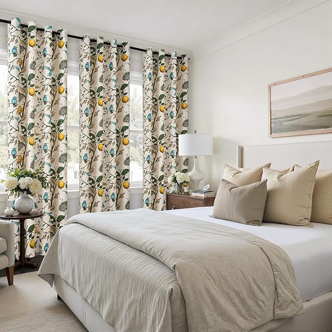 Topfinel Floral Curtains 90 Inches Long 2 Panels Unique Natural Beige Luxury Elegant Colorful Euro Flower Hummingbird Patterned Rustic Vintage Grommet Drapes for Classroom Room Office Closet 52x90