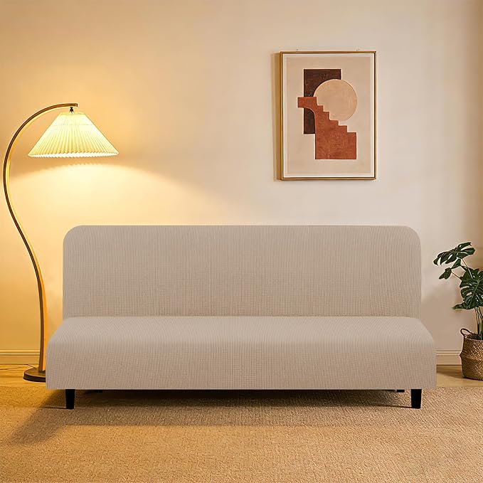 U-NICE HOME Stretch Futon Cover Armless Bed Slipcover - Soft Jacquard Fabric Washable for Pet Friendly, Camel