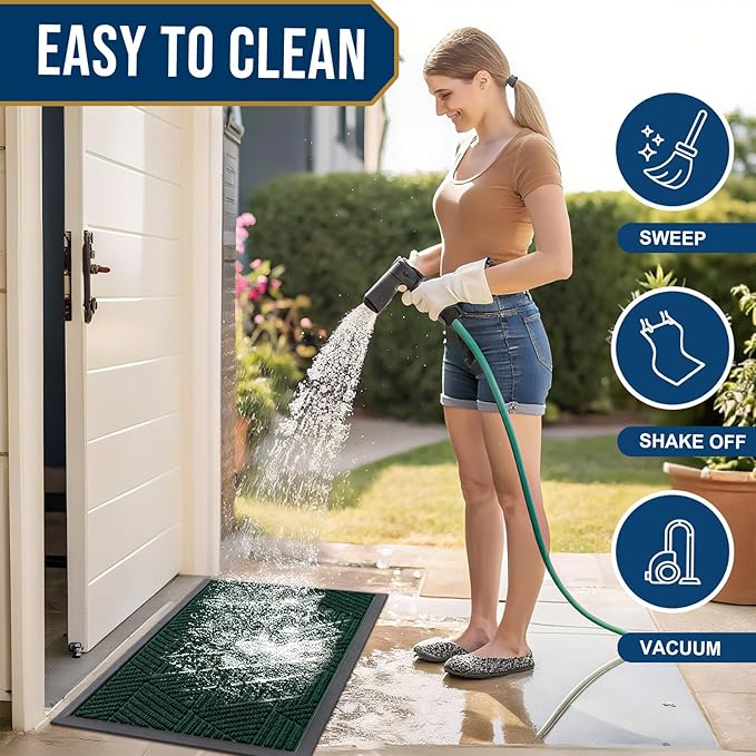 Smiry Front Door Mat Outside Entrance, Heavy Duty Sturdy Natural Rubber Doormat, Trap Dirt and Moisture, Easy Clean Low Profile Mats for Indoor Outdoor Entry, Irregular Triangle (29.5x17, Deep Green)