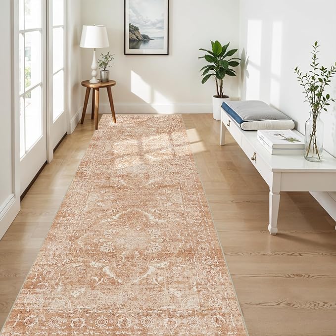 4x10 Washable Hallway Runner Rug - Wide Kitchen Runners Vintage Low Pile Carpet Soft Thin Floor Runner with Rubber Backing for Entryway Bedroom Living Room Home Decor (Brick)