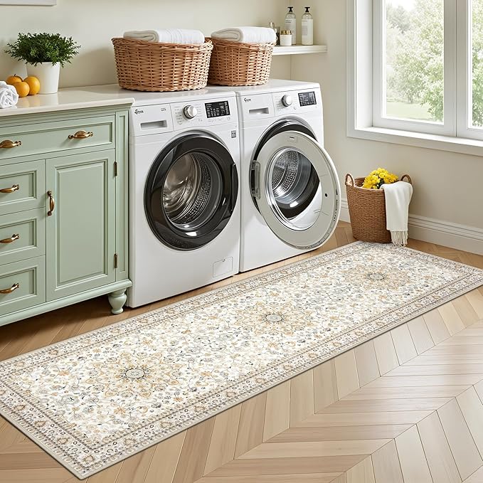 Hallway Runner Rug Non Slip - Washable 2.6x8 Kitchen Rugs for Living Room, Low-Pile Soft Bedroom Rug Indoor Floor Stain Resistant Carpets for Entryway, Laundry, Bathroom Beige