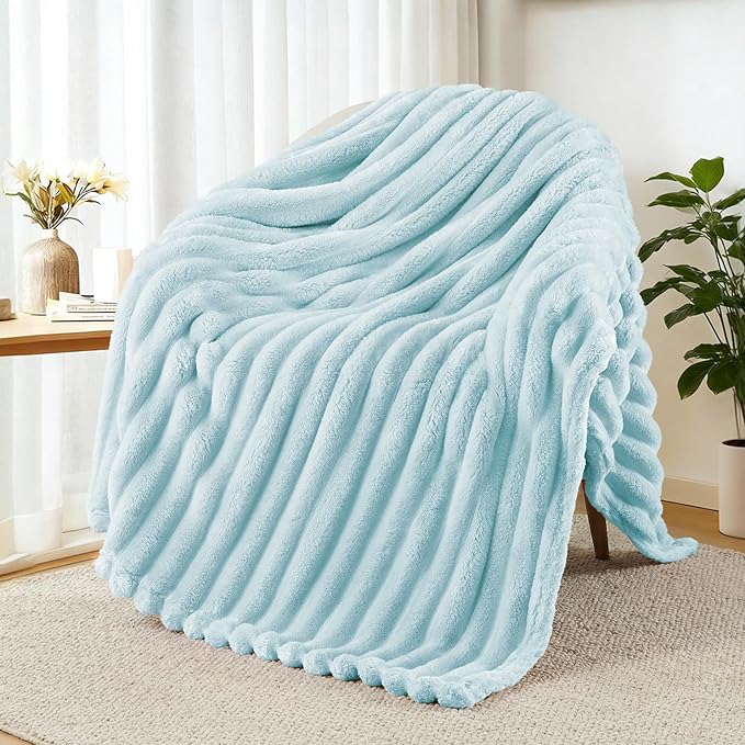 Exclusivo Mezcla Fleece Throw Blanket for Couch, Super Soft Striped Jacquard Bed Blanket, Lightweight Fuzzy Cozy for All Seasons, 50x60 Inches, Light Blue