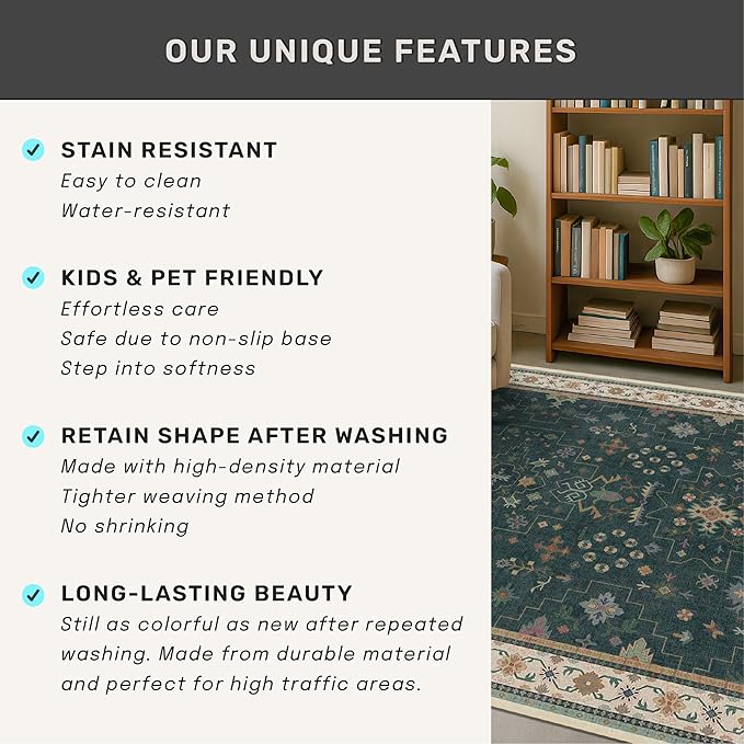 Dark Green Oushak 2x4 Entryway Rug - Modern Vintage Boho Eclectic Floral Pastel, Washable Low Pile Non-Slip Small Throw Area Rugs for Door Mat Indoor Entrance, Kitchen, Bathroom, Bedroom, Laundry
