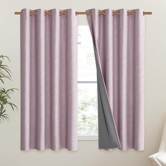 NICETOWN Pink Vintage Linen 100% Blackout Curtains for Living Room, Thermal Insulated Curtains 48" Long, Noise Reducing Window Treatment Drapes for Hall Room, 52" Wide Per Panel, Set of 2