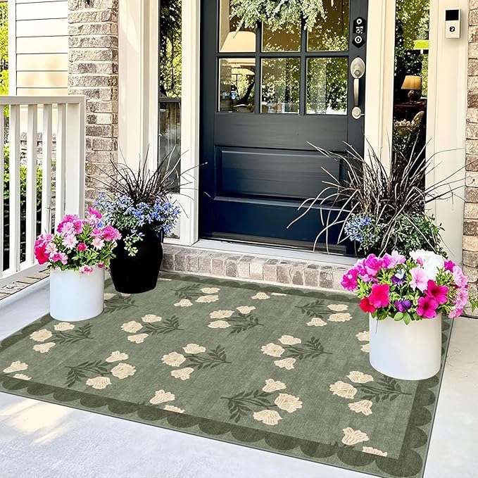 3x5 Floral Entry Rug - Small Washable Indoor Outdoor Mats for Front Door Non-Slip Spring Porch Rug Sage Green Farmhouse Throw Rugs for Living Room Bedroom Entryway Kitchen Office Porch Decor