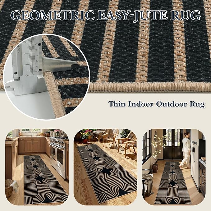 Lahome Enfys Modern Geometric Black Runner Rug, 2x8 Indoor Outdoor Hallway Kitchen Runner Rug with Rubber Backing, Farmhouse Washable Non Slip Non Shedding Floor Carpet for Bedroom Entry Patio