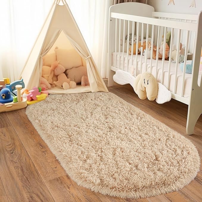 Pionblank Fluffy Area Rug for Bedroom 3.3'x6.2', Shag Oval Rug for Bedside, Ultra Soft Cute Plush Carpet for Living Room Kids Girls Boys Room Nursery Teens Dorm Home Decor, Camel