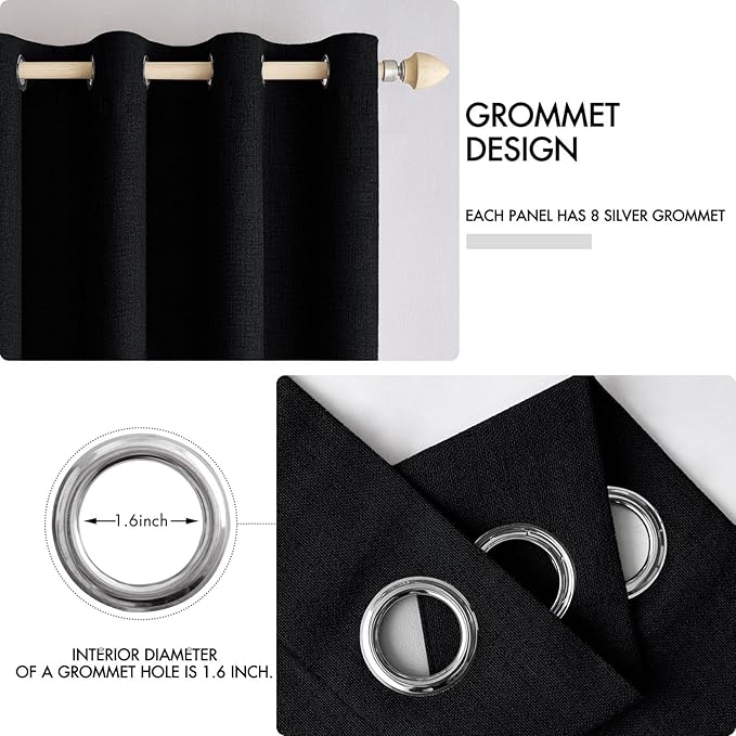 MIULEE Linen Texture Curtains for Bedroom Solid 100% Blackout Thermal Insulated Halloween Black Curtains Grommet Room Darkening Drapes for Living Room Nursery 52x96 Inch (2 Panels)