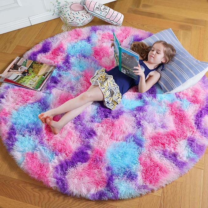 Amdrebio Hot Pink Rainbow Round Circle Area Rug 5Ft for Girls Bedroom, Fluffy Cute Fuzzy Colorful Pastel Kids Rugs for Nursery Playroom Classroom, Unicorn Shag Princess Carpet for Baby Toddler Teen