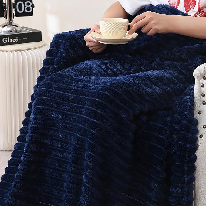 Navy Blue Fleece Throw Blanket 60”×80” for Couch Sofa Bed,Super Soft Cozy Plush Microfiber Flannel Blanket with Stripes Design Lightweight for Adults,Woman,Girls